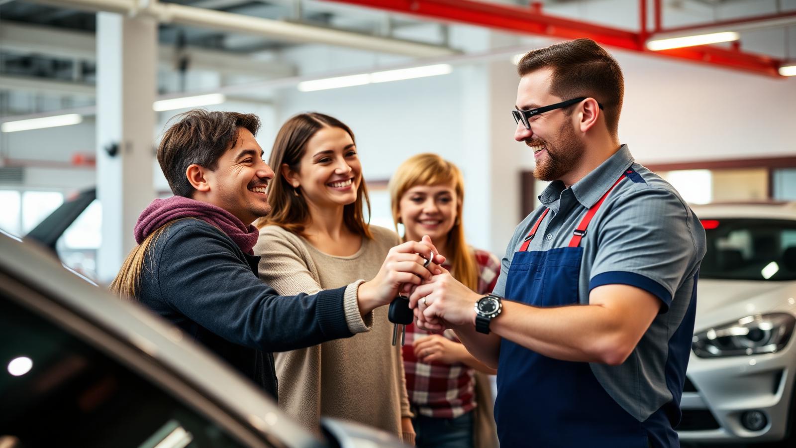 Família recebendo veículo revisado na WS Centro Automotivo